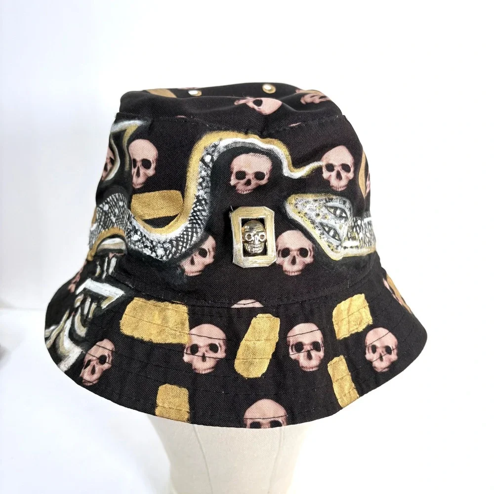Labios De Ojo Bucket Hat Black Hand Painted Skull Snake Custom Edgy Streetwear